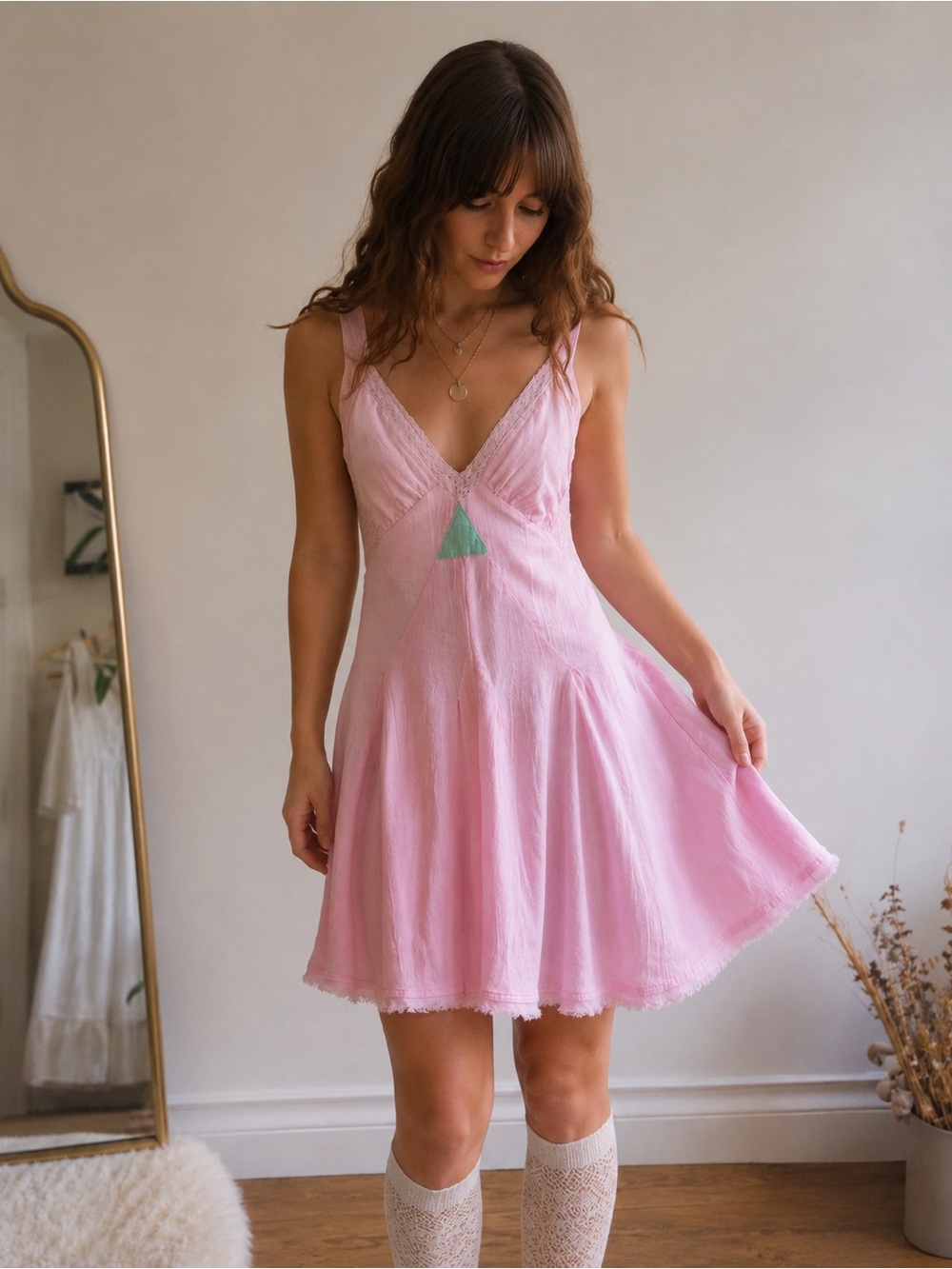 Free People free-est Vivi Mini Dress Sugar Coral Pink Boho Lace Cutout L